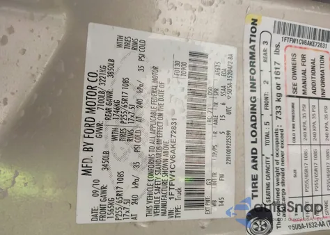 2010 Ford F-150 Fx2 Sport/Harley-Davidson/King Ranch/Lariat/Platinum/Xl/Xlt from USA, damaged, VIN 1FTFW1CV6AKE72831